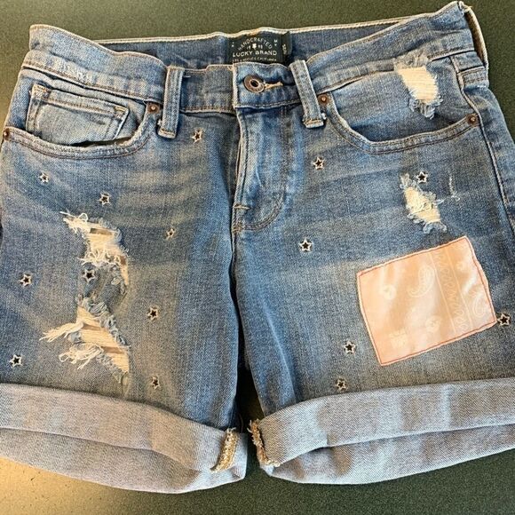 Lucky brand jeans shorts hand crafted w/patches. - Picture 1 of 8